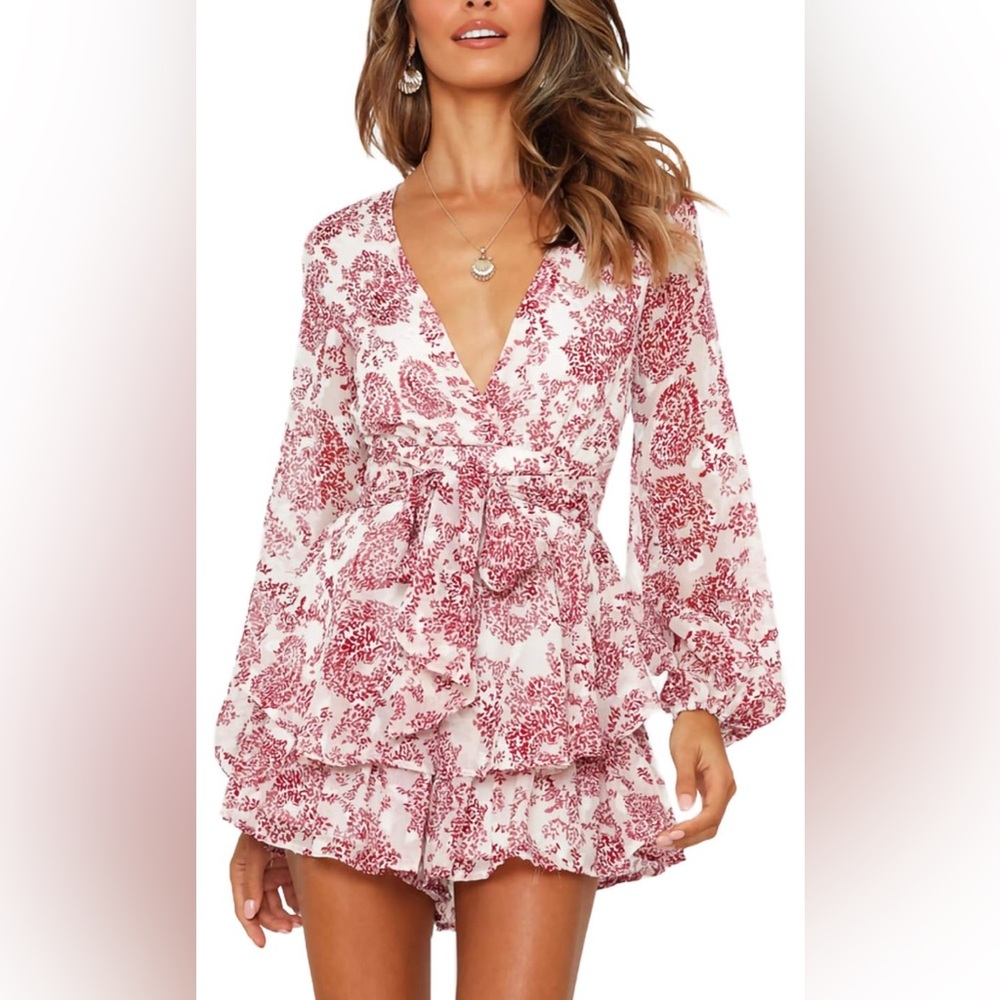 White Red Floral V-Neck Long Sleeve Romper
